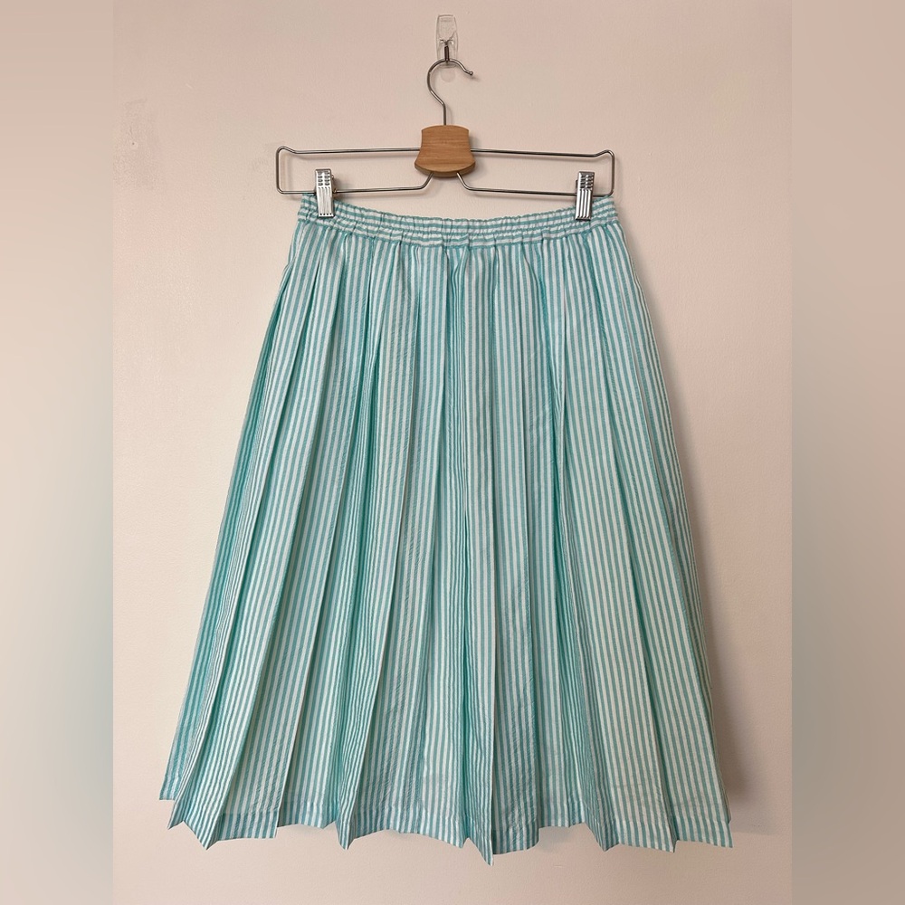 Vintage Teal White Stripe Skirt Elastic Waist Full Lined Midi Cottagecore